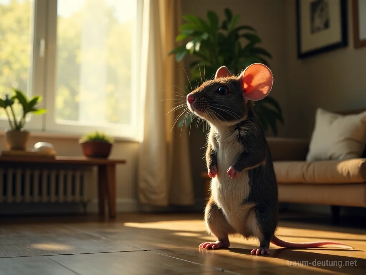 Eine riesige Maus steht in einem Wohnzimmer und blickt neugierig umher.