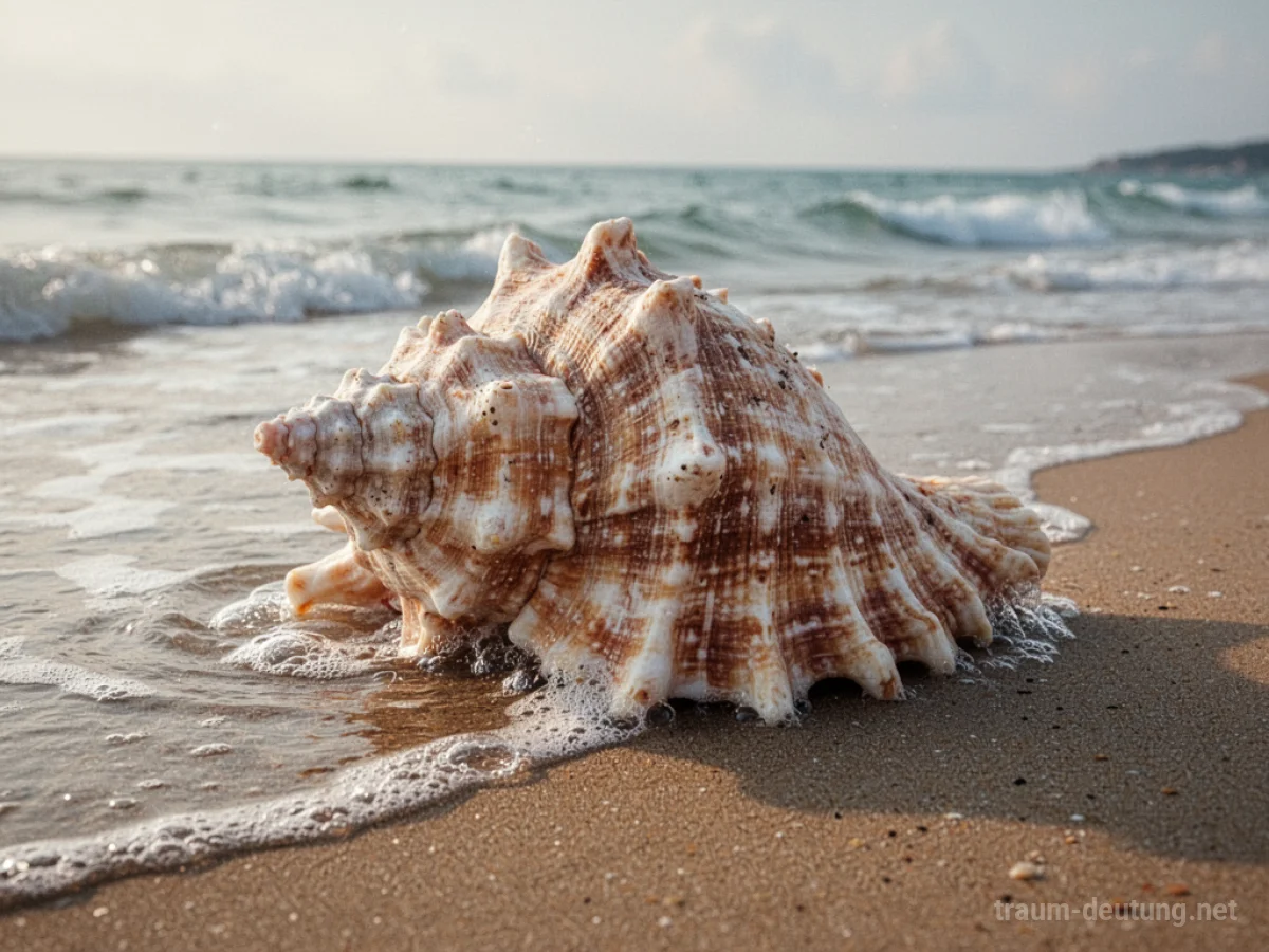 Eine riesige, kunstvoll verzierte Muschel liegt an einem Sandstrand.