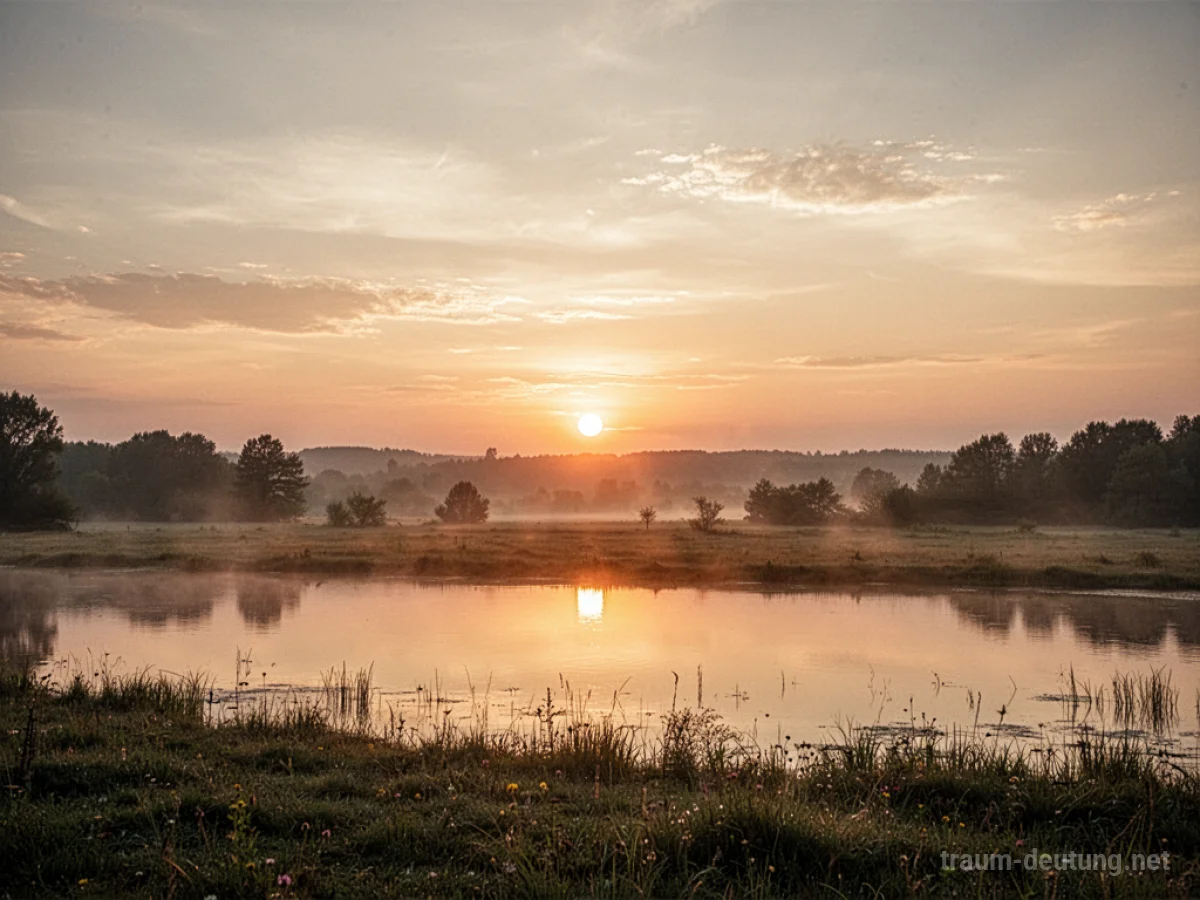 Sonnenaufgang über einer friedlichen Landschaft mit warmem Licht