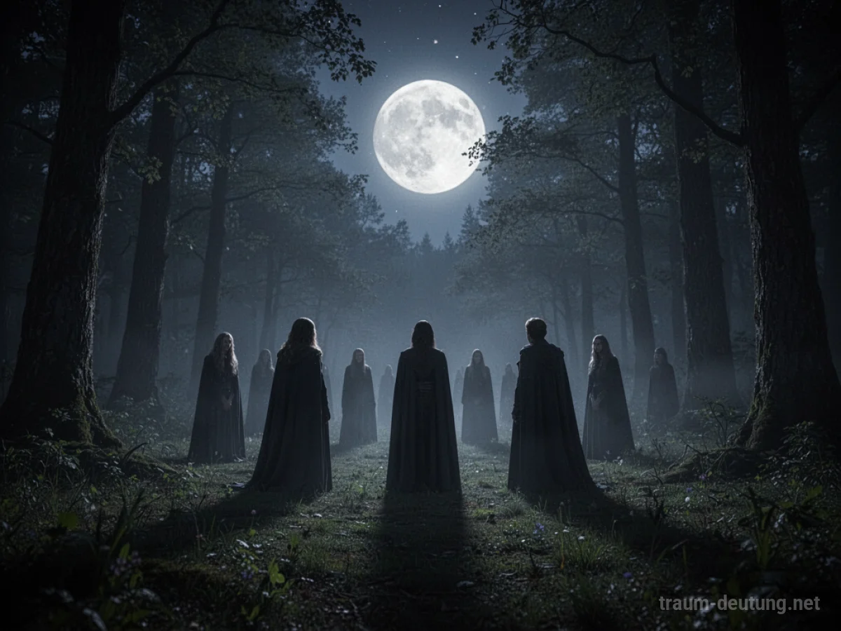 Silhouetten von Hexen im Mondlicht um Mitternacht im Wald