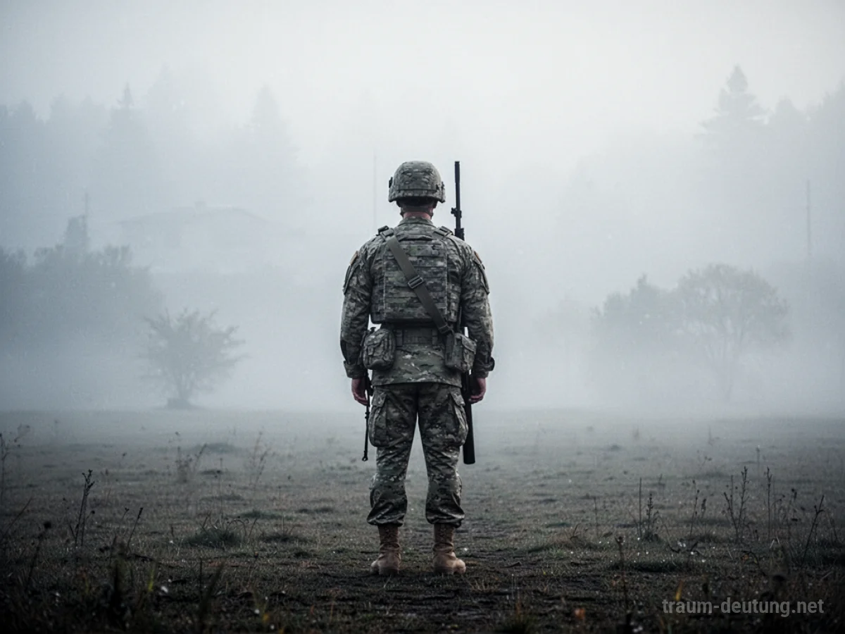 Silhouette eines Soldaten, der in einem nebligen Feld steht.