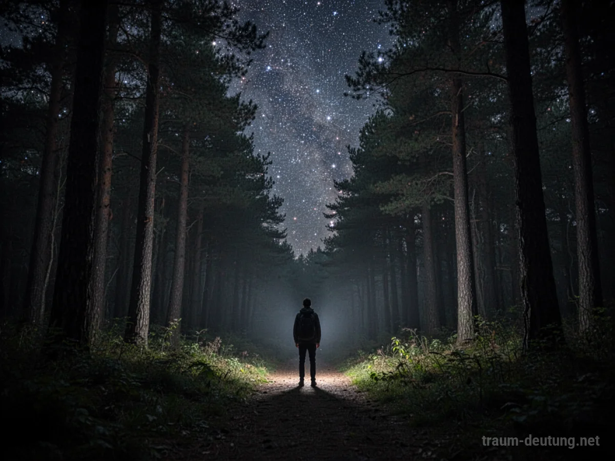 Eine einsame Figur steht am Rand eines dunklen Waldes bei Nacht.