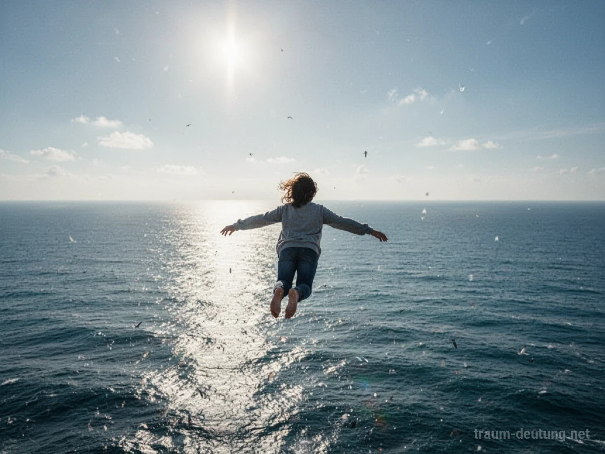 Person fliegt hoch über einem weiten Meer unter blauem Himmel