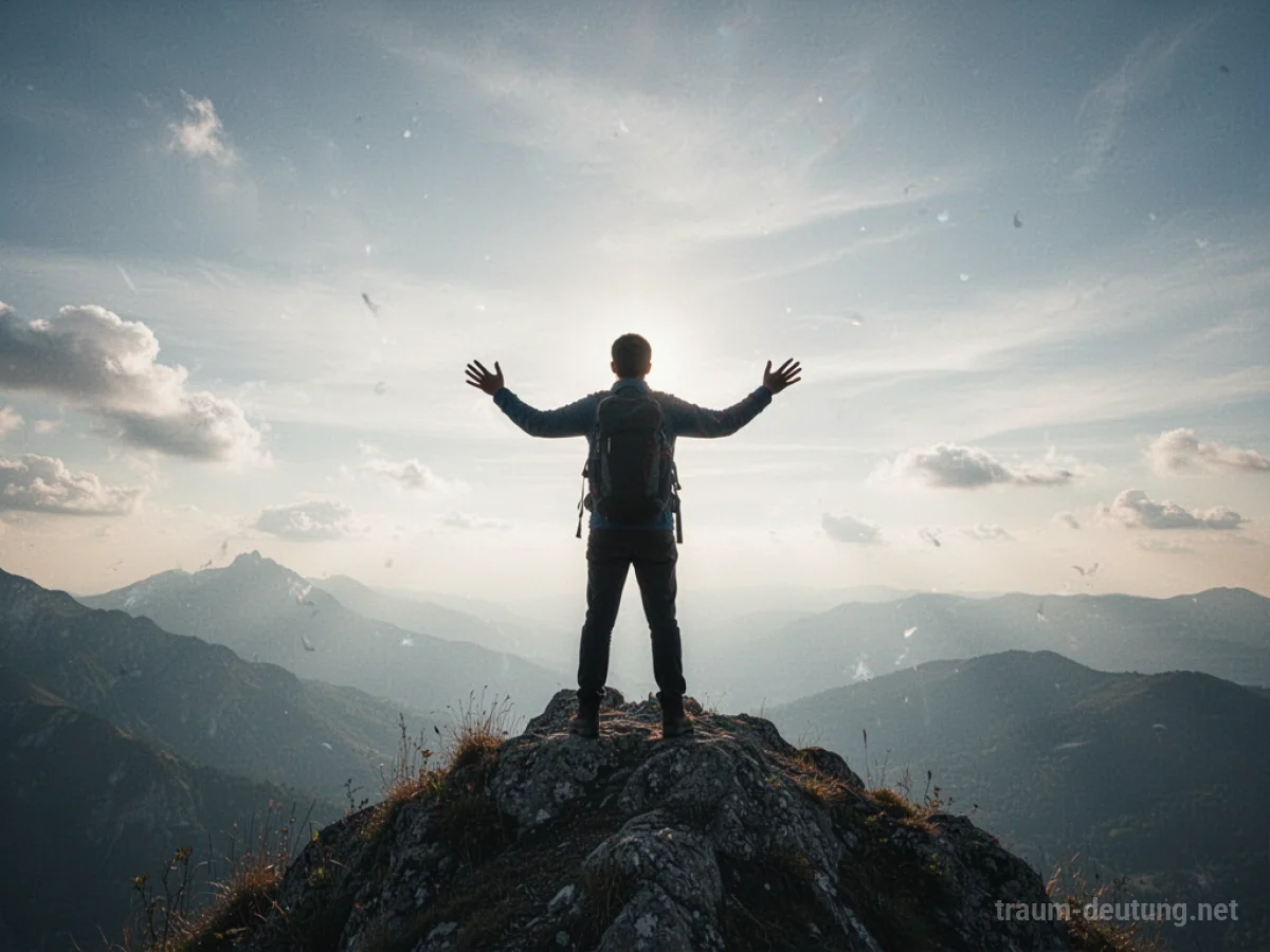 Silhouette einer Person, die auf einem Berggipfel steht und sich mächtig fühlt.