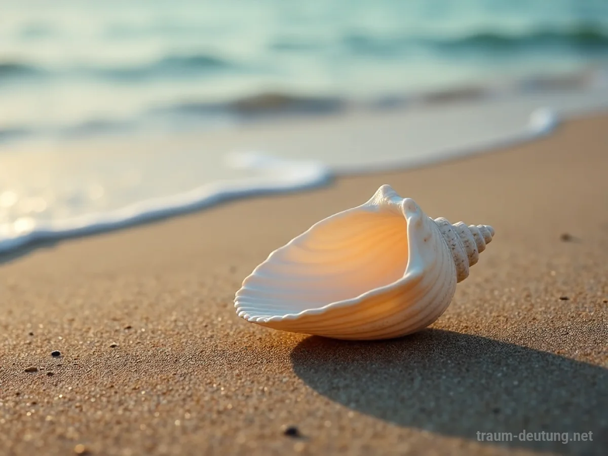 Leere Muschel liegt am Strand, sanfte Wellen ziehen sich zurück.