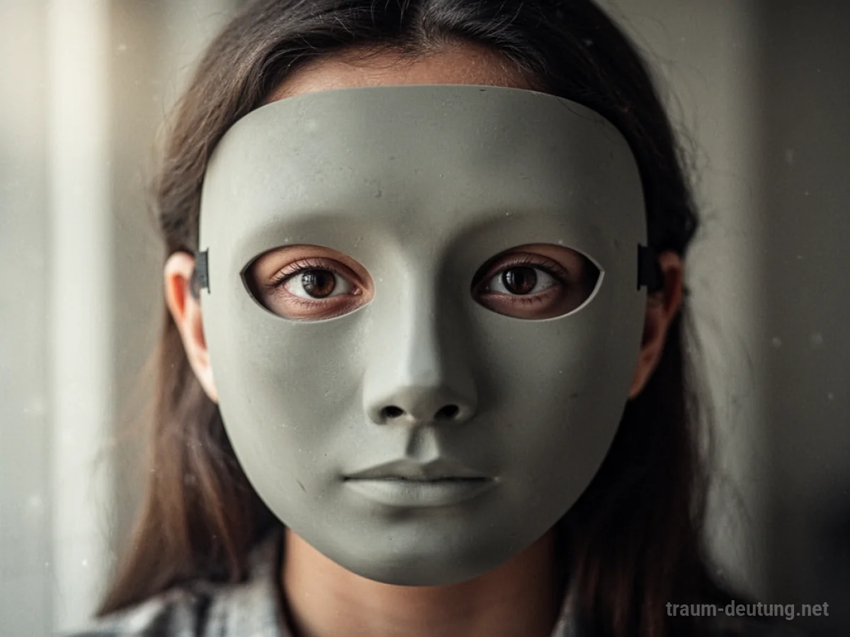 Person versteckt sich hinter einer neutralen Maske, nur die Augen sind sichtbar.
