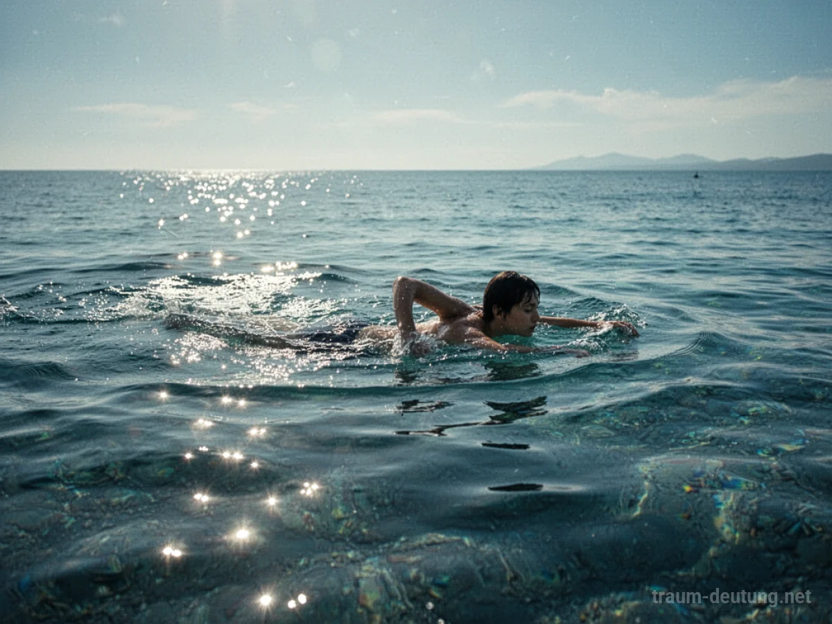 Eine Person schwimmt ruhig in klarem, blauem Meerwasser.