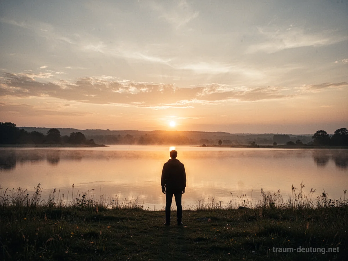 Silhouetten einer Person, die im Morgenlicht einen neuen Tag begrüßt.