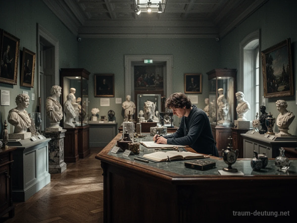 Person arbeitet im Museum hinter einem Tresen, umgeben von Ausstellungsstücken.