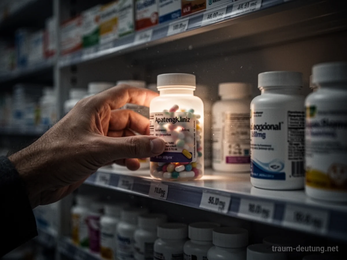 Hand greift nach Medikamentenflasche in einer Apotheke.
