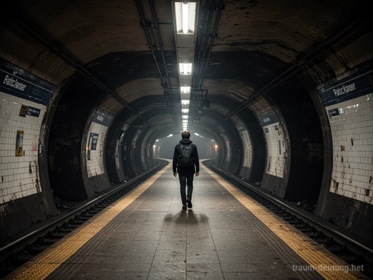 Eine einsame Person in einer dunklen Metrostation mit vielen Gängen.