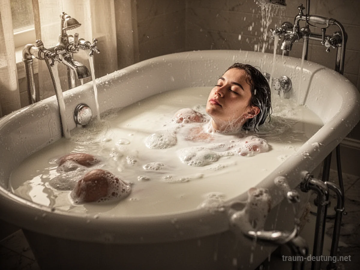 Person badet in einer großen Wanne voller weißer Milch.