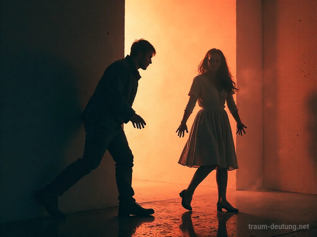 Silhouetten einer angreifenden Figur und einer Person, die sich erschrocken abwendet