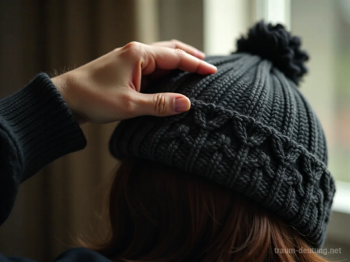 Hand nimmt eine Strickmütze vom Kopf einer Person.