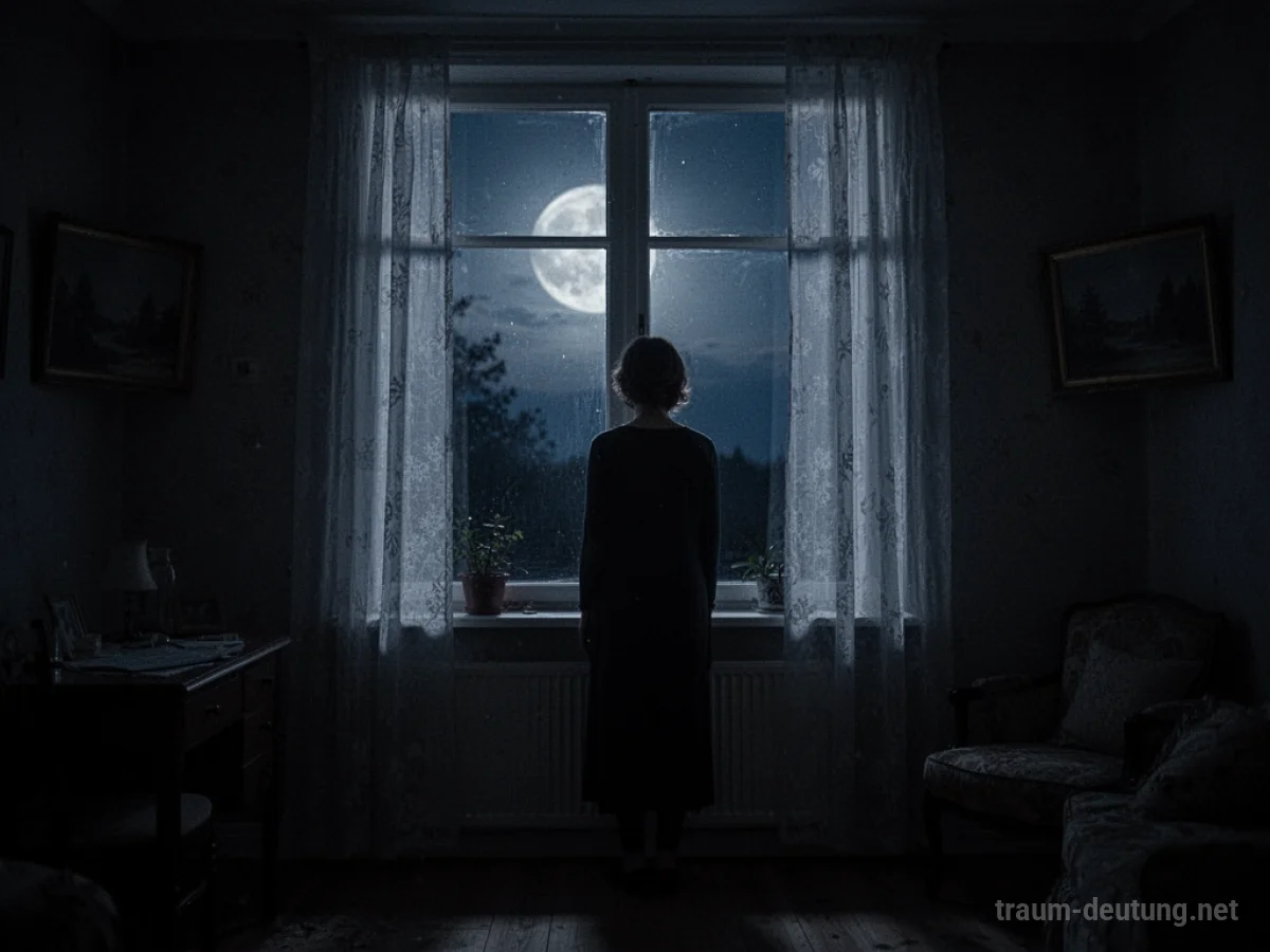 Silhouette einer Person, die um Mitternacht aus einem Fenster blickt