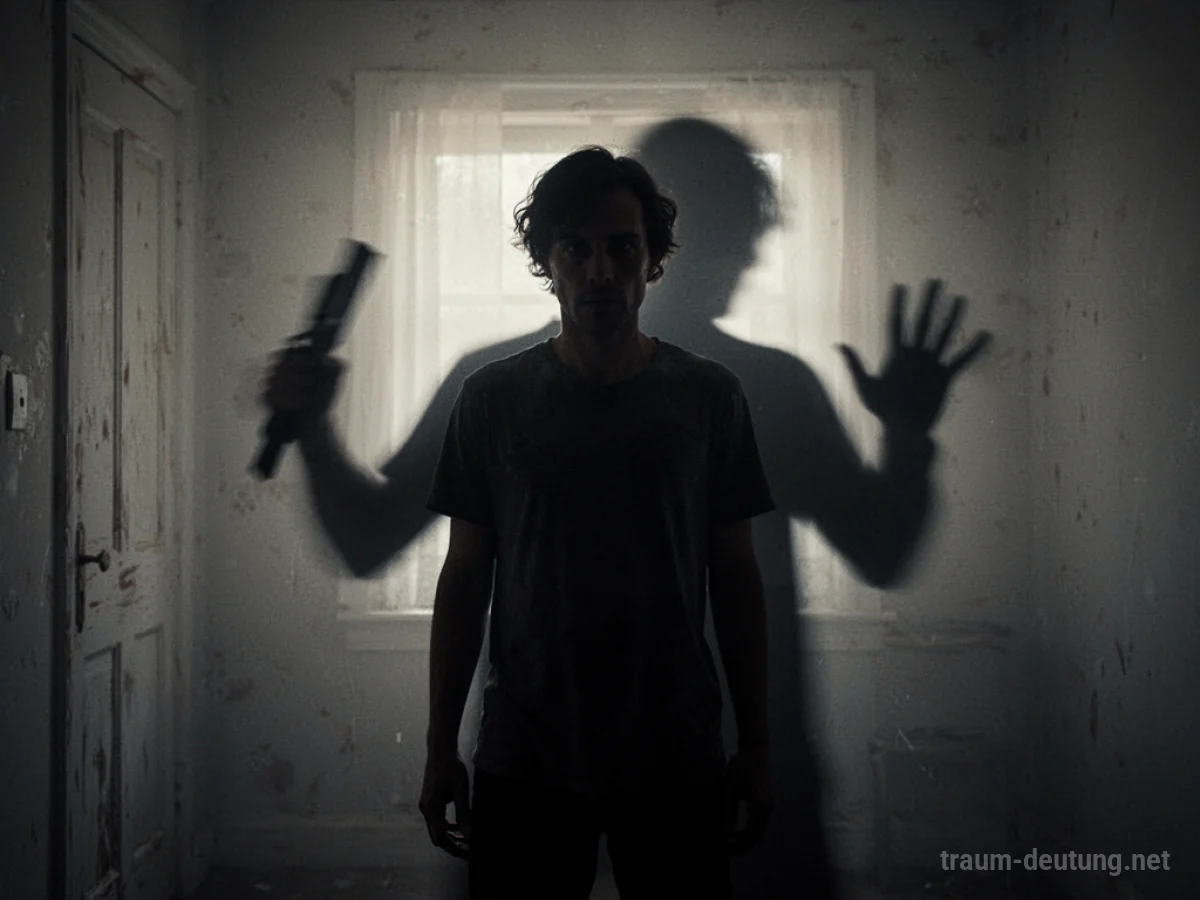 Silhouette einer Person, die von einer dunklen Figur mit einem angedeuteten Messer bedroht wird.