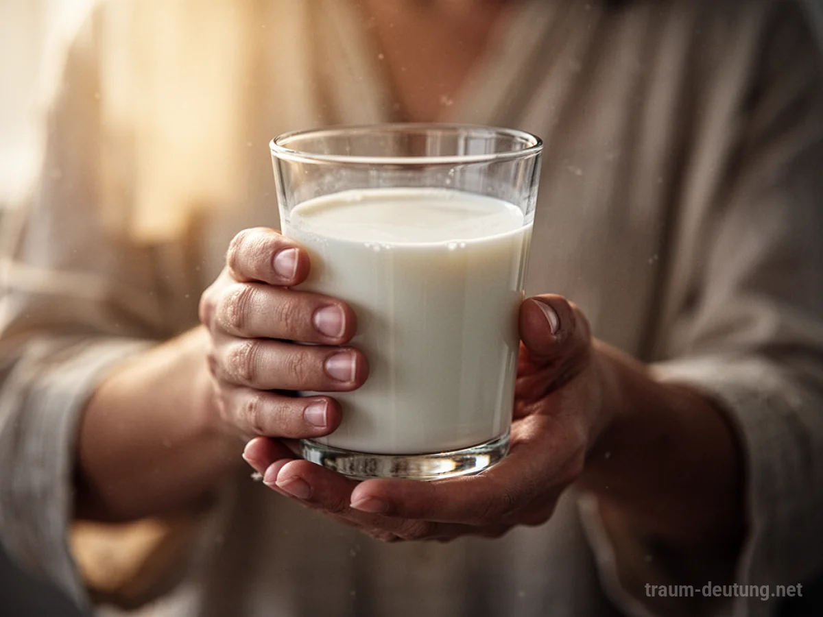 Hände halten ein Glas Milch mit warmem Licht im Hintergrund.