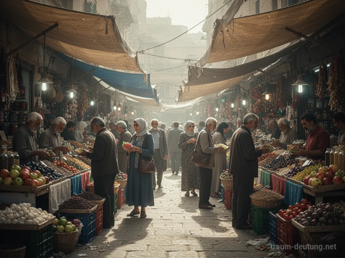 Menschen treffen sich auf einem belebten Markt mit vielen Ständen.