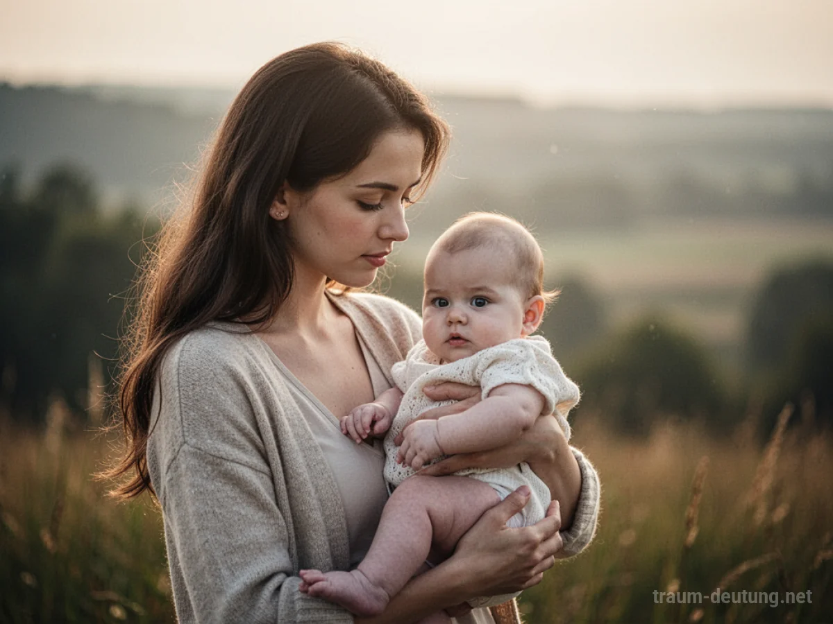 Eine junge Mutter hält liebevoll ein Baby im Arm, umgeben von sanftem Licht.