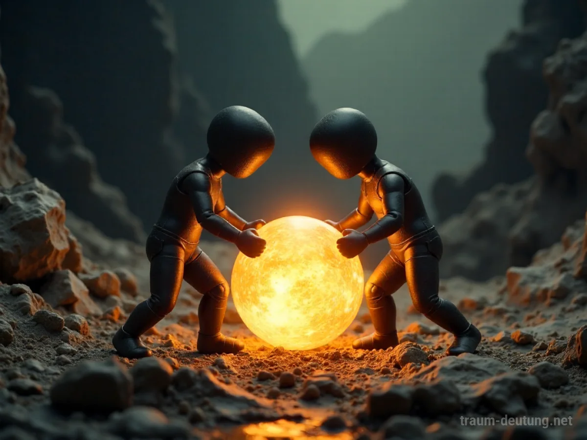 Zwei stilisierte Figuren ringen um einen leuchtenden Ball in einer dunklen, dramatischen Kulisse.