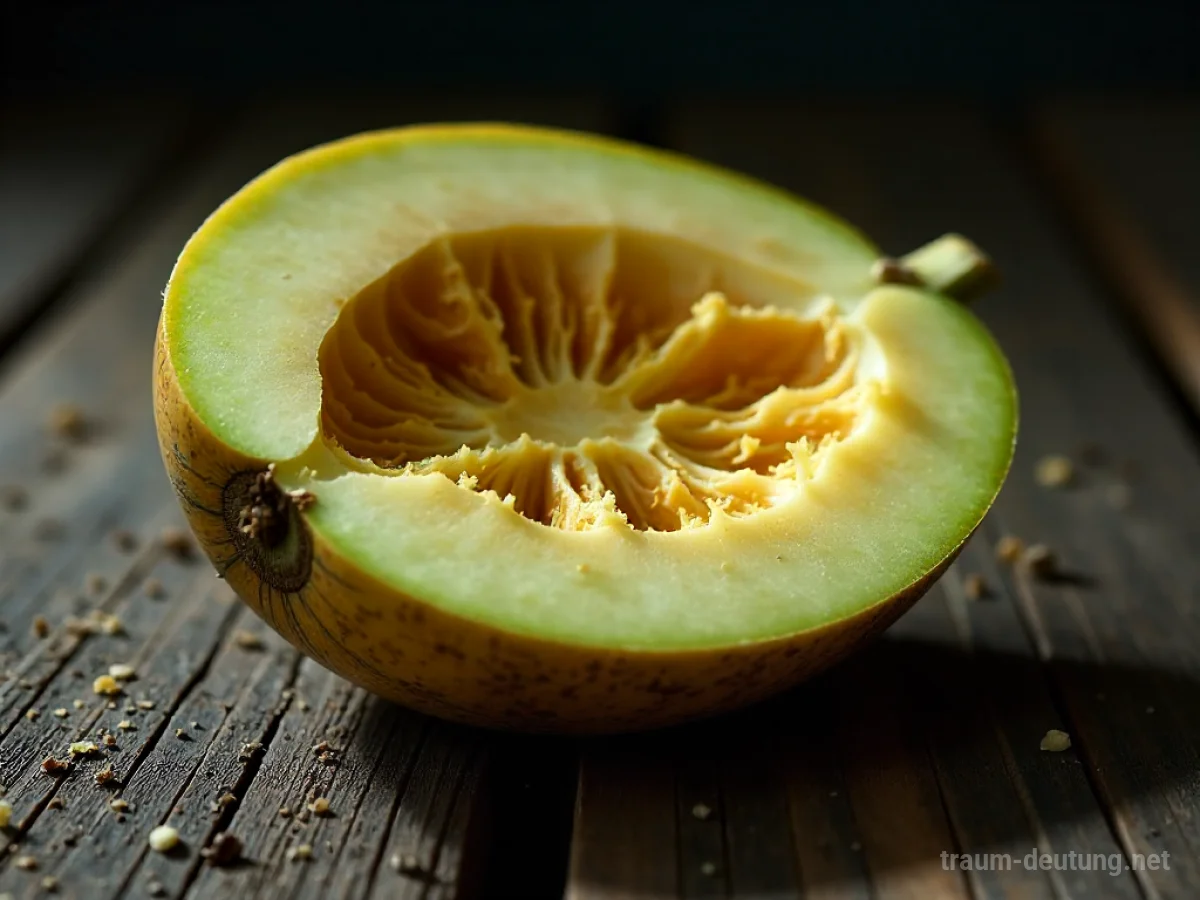 Eine aufgeschnittene, beschädigte Melone auf einem Holztisch.