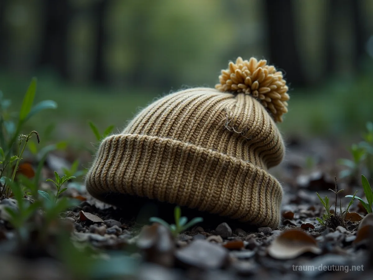Eine abgetragene Strickmütze mit sichtbaren Rissen und ausgefransten Rändern liegt auf dem Boden.