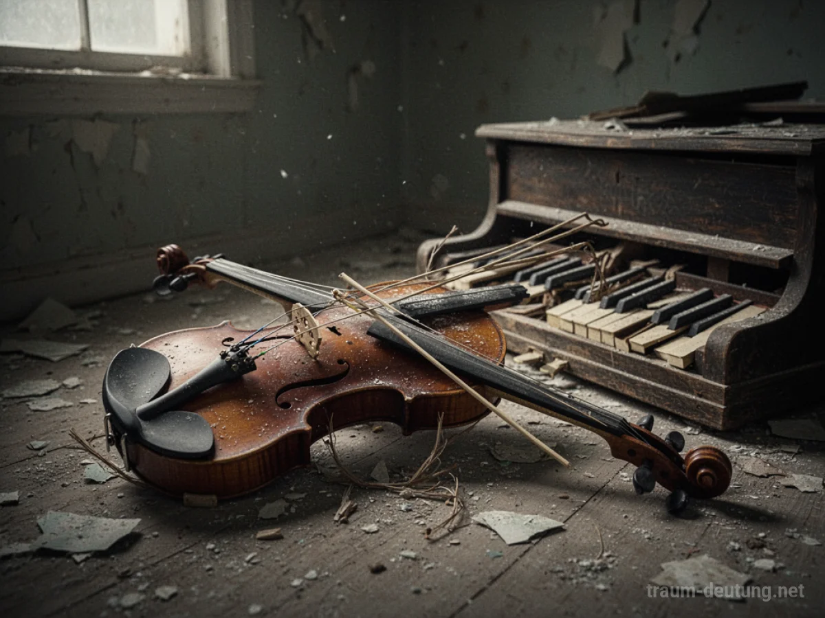 Ein kaputtes Musikinstrument mit zerrissenen Saiten in einem dunklen Raum.