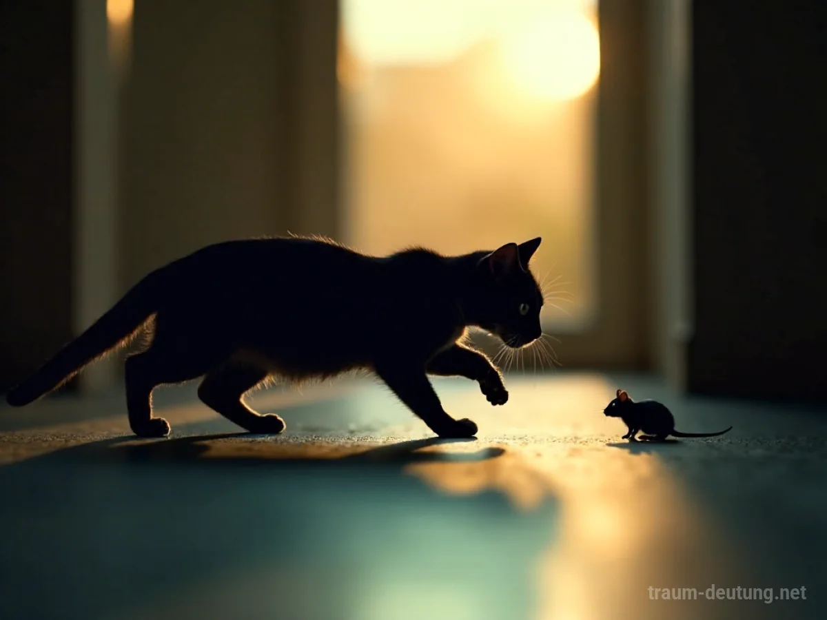 Silhouette einer Katze, die eine Maus im Schatten jagt
