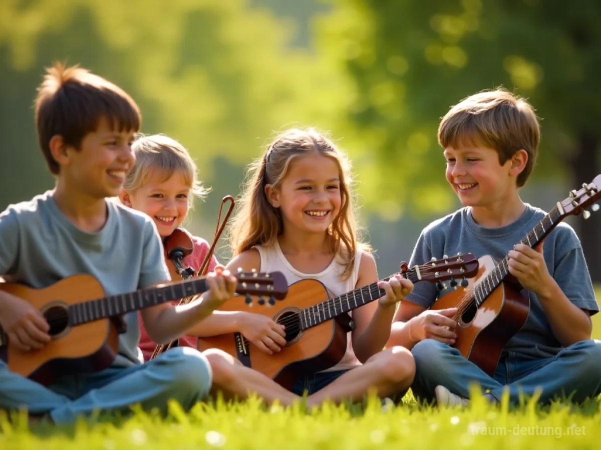 Kinder verschiedener Altersgruppen spielen fröhlich Musikinstrumente im Freien.
