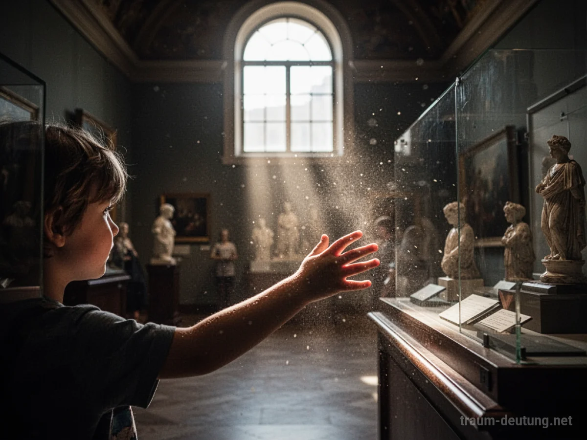 Kindheit im Museum erleben: Hand berührt Ausstellungsstück im Lichtschein