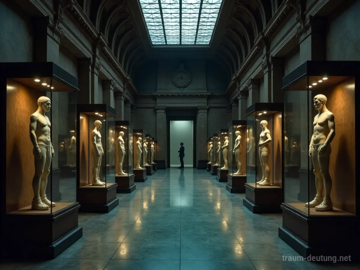 Lebende Menschen in Vitrinen im Museum als Exponate