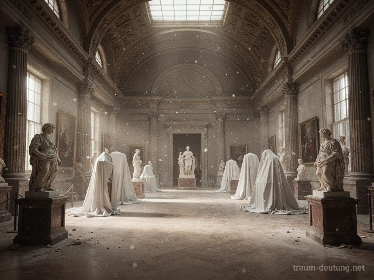 Leere Gänge eines Museums mit abgedeckten Ausstellungsstücken im gedämpften Licht