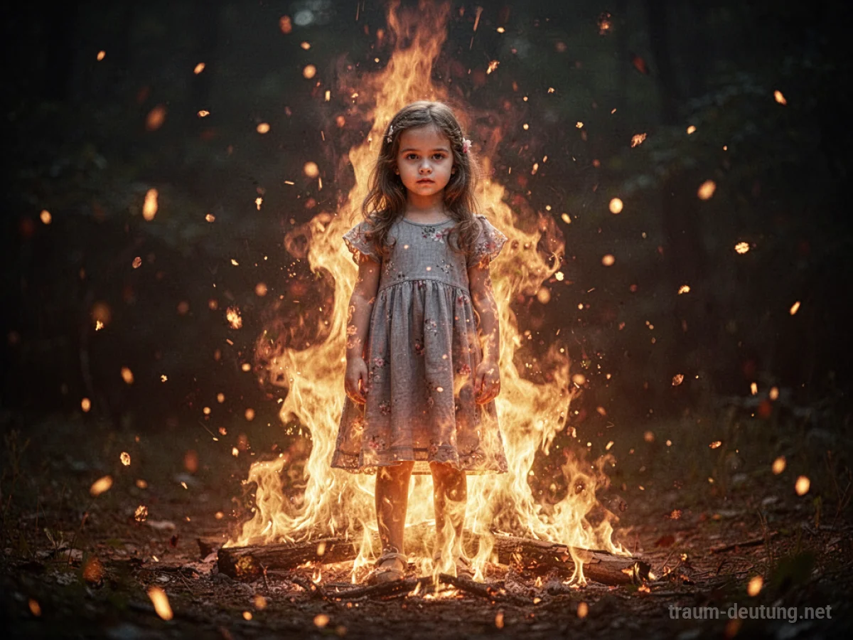 Mädchen steht inmitten von warm leuchtendem Feuer