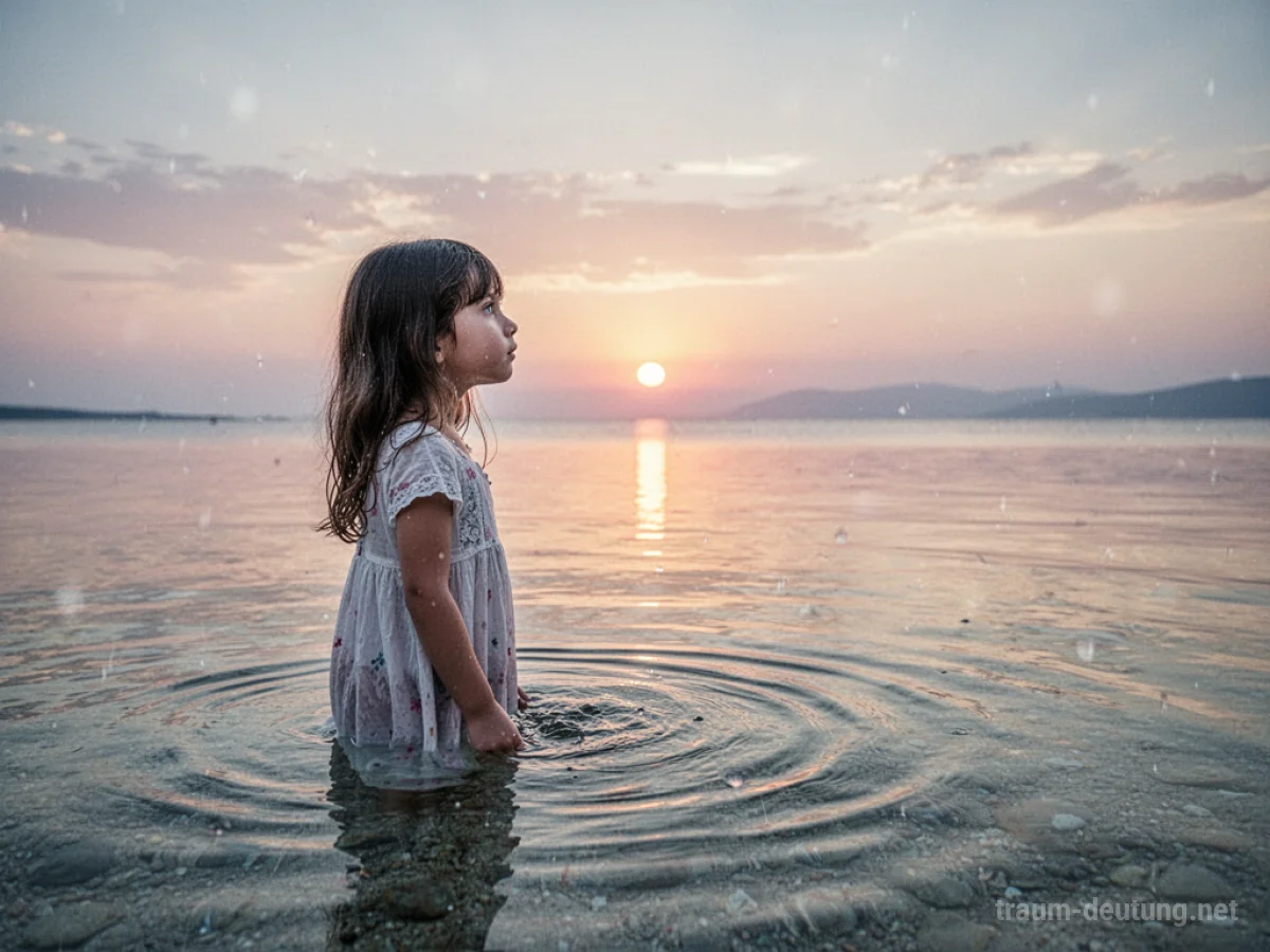 Mädchen steht im klaren Wasser und blickt auf einen sanften Sonnenaufgang.