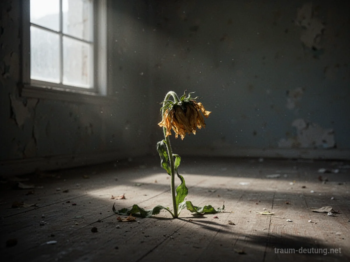 Eine einzelne welkende Blume in einem dunklen Raum.