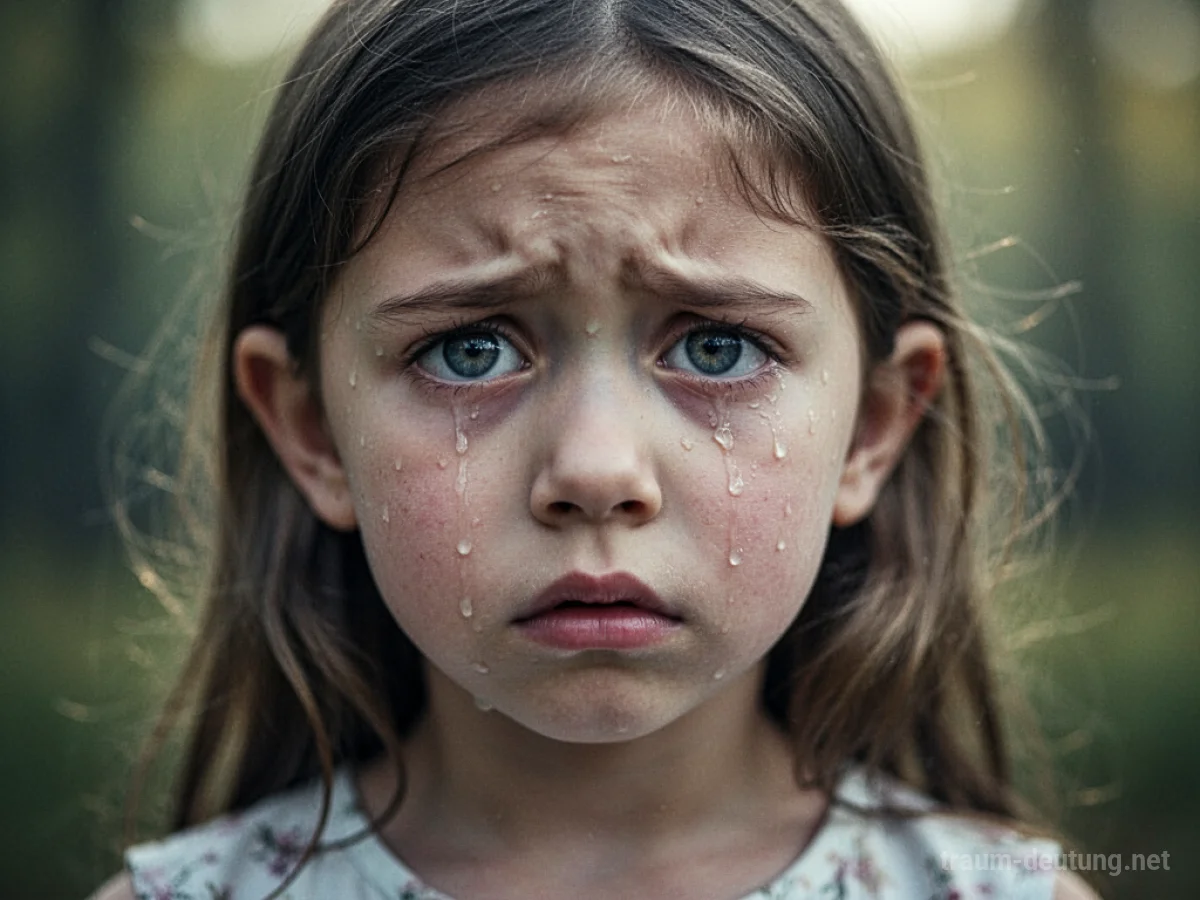 Ein trauriges Mädchen mit Tränen im Gesicht, das den Betrachter ansieht.