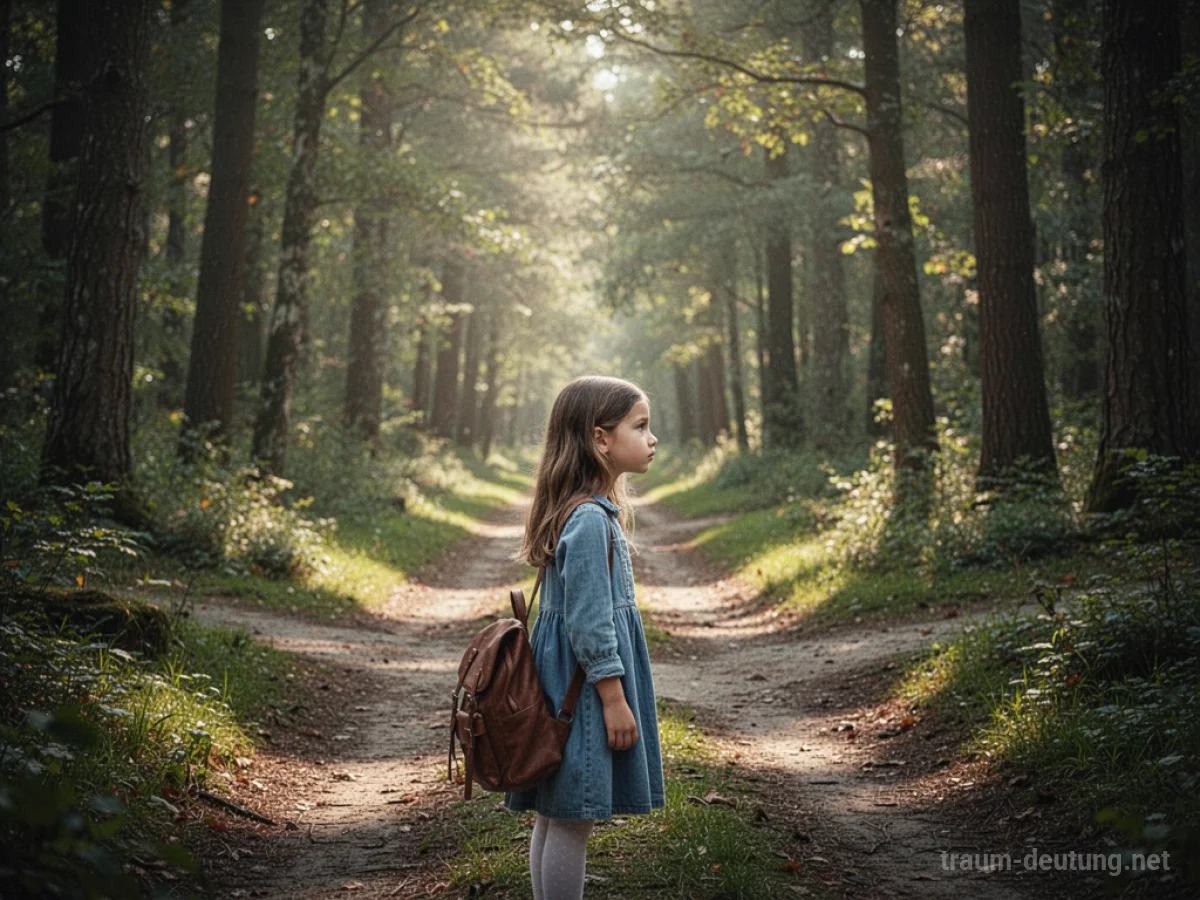 Ein Mädchen steht an einer Weggabelung in einem sonnigen Wald.
