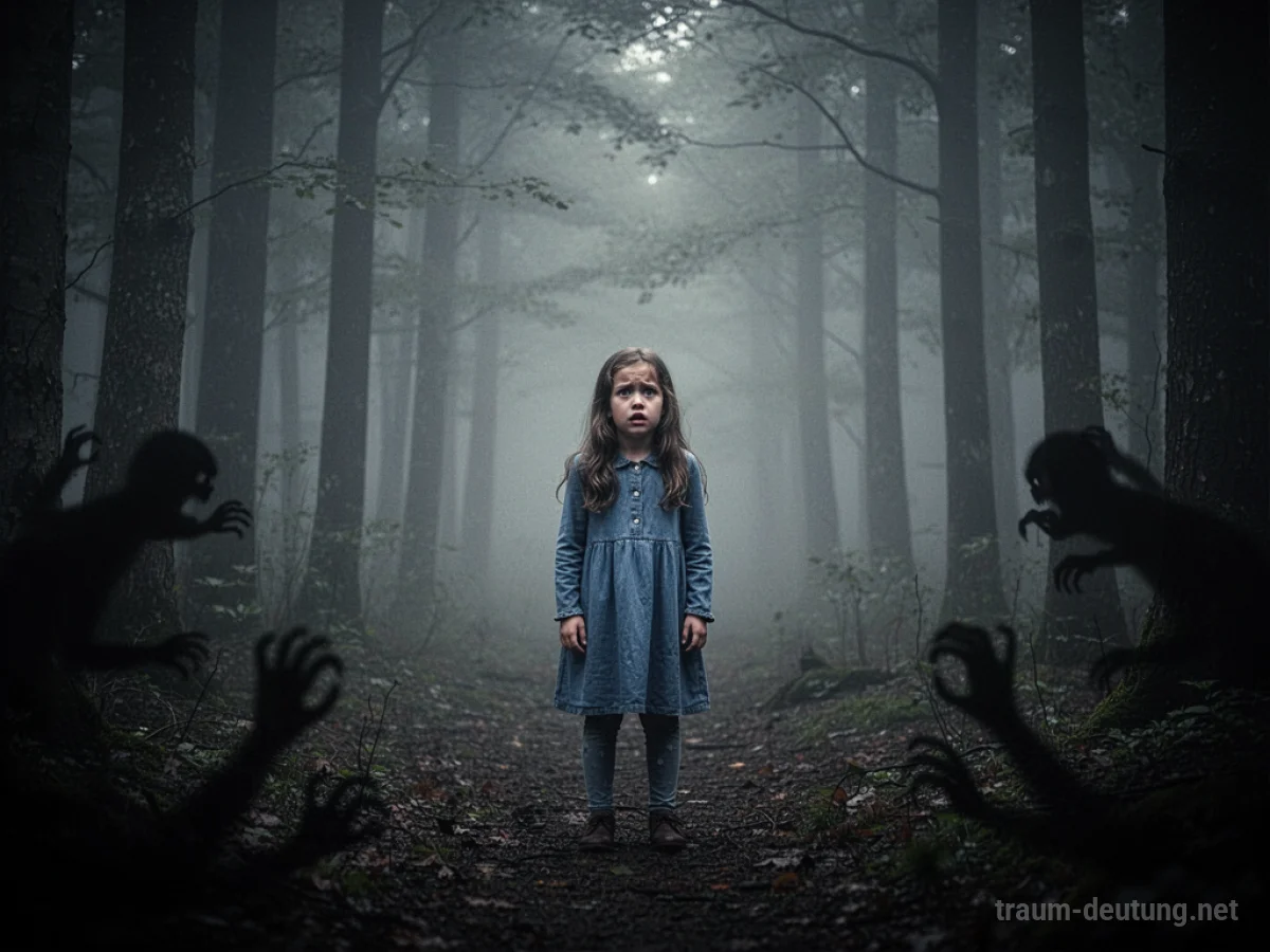 Ein Mädchen steht ängstlich allein in einem dunklen Wald.