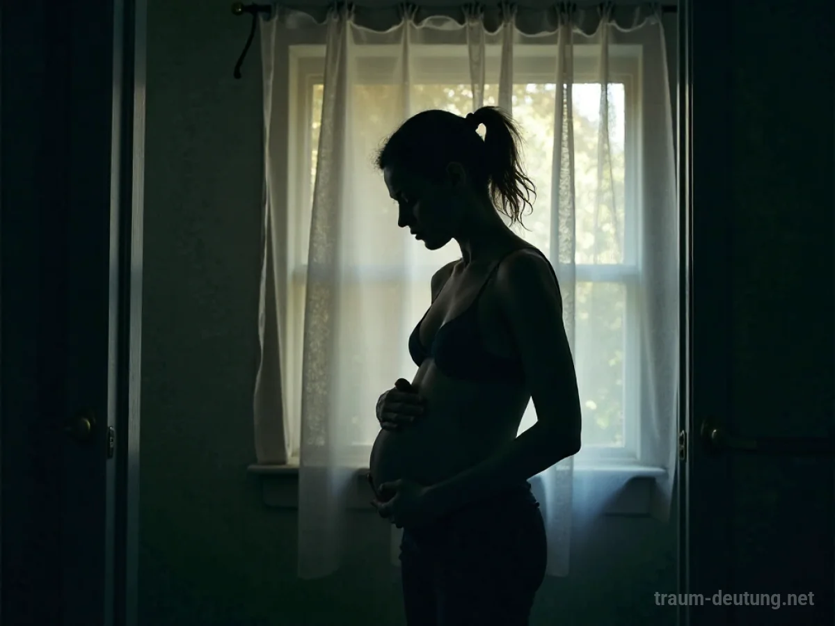 Silhouette einer Person mit der Hand am Bauch in einem dunklen Raum