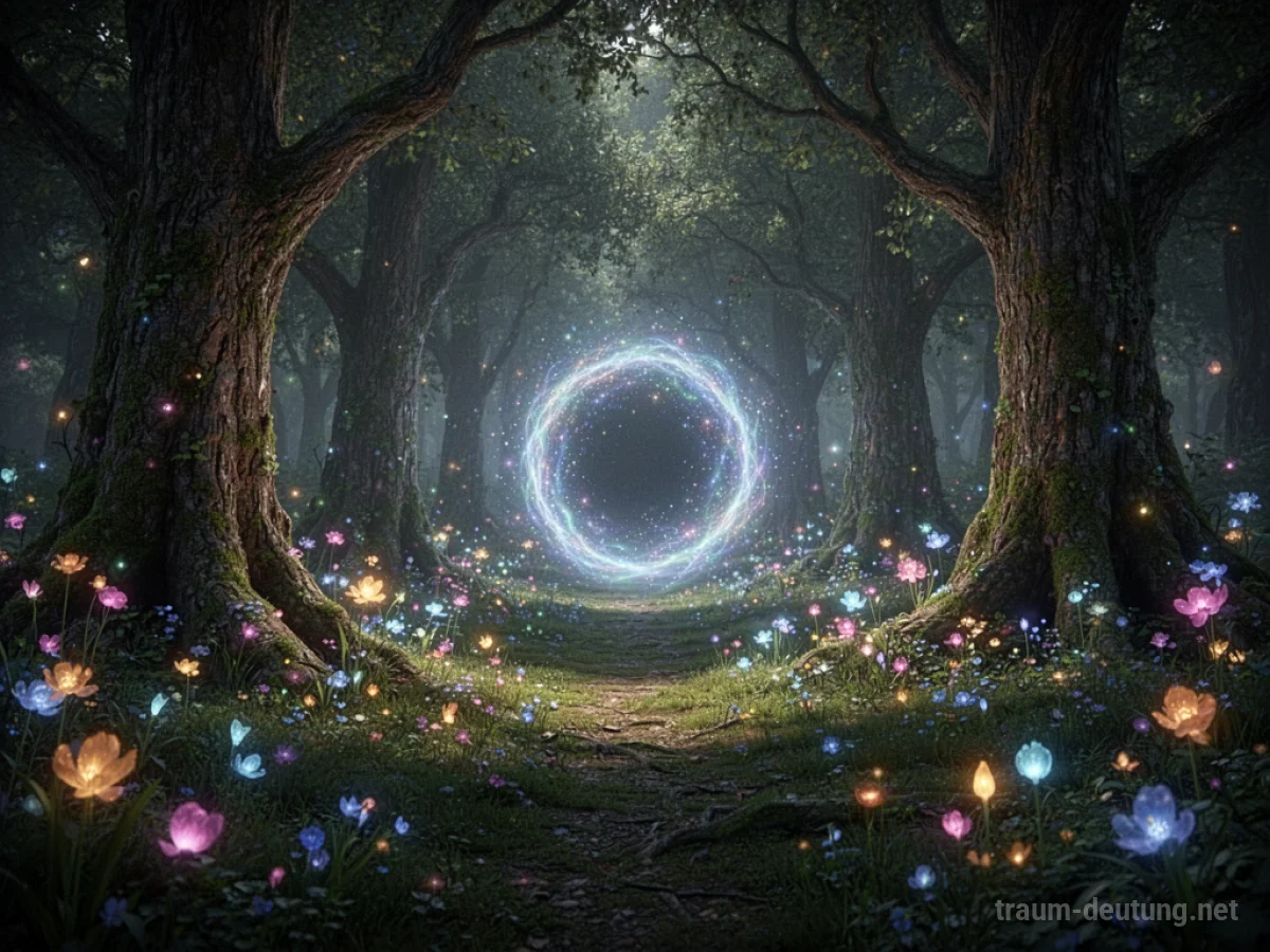 Verzauberter Wald mit leuchtenden Pflanzen und einem Portal.