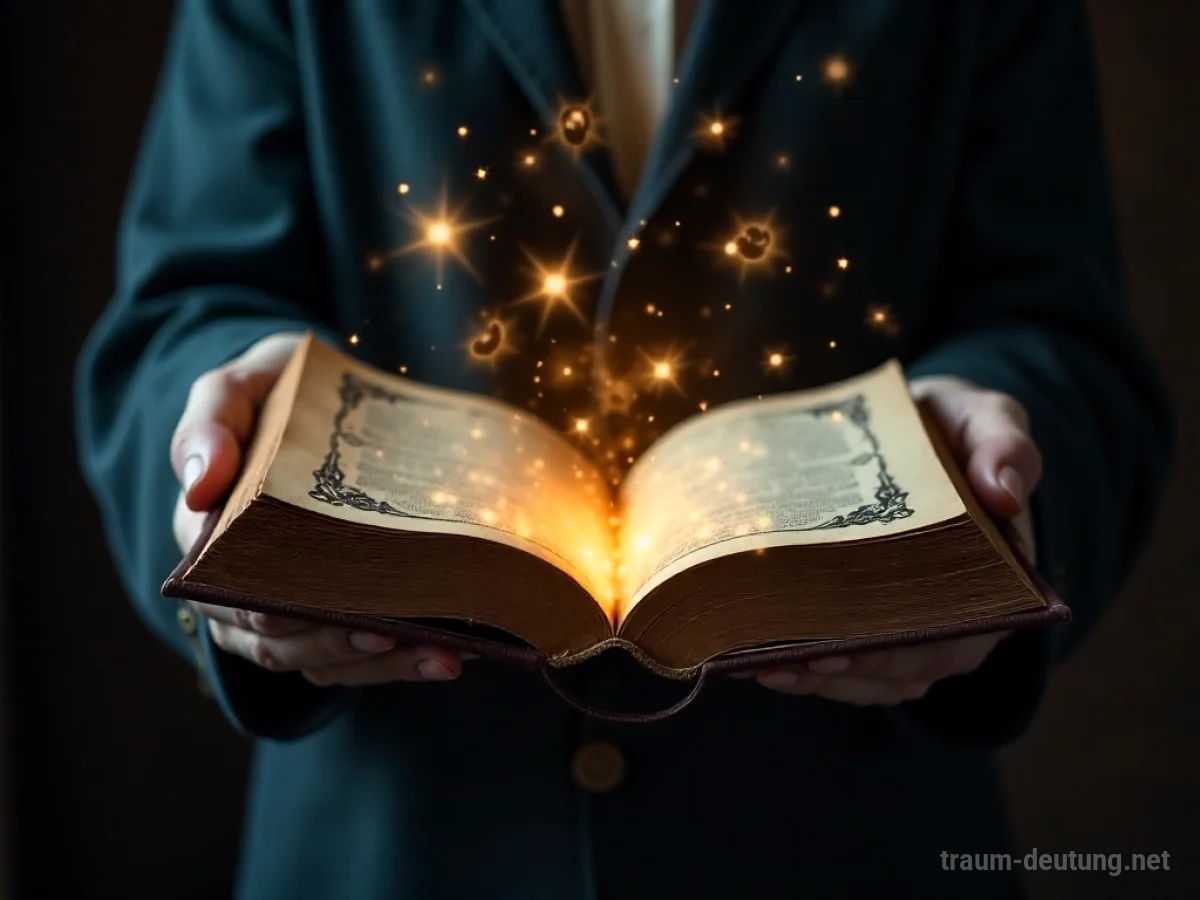 Hände halten ein leuchtendes magisches Buch, das Geheimnisse offenbart.
