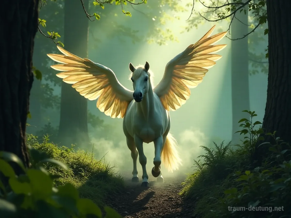 Ein magisches Tier, wie ein Einhorn oder Phönix, erscheint in einem nebeligen Wald.