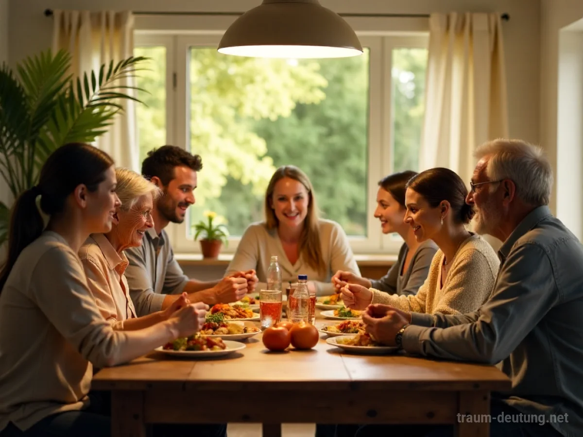 Menschen teilen eine Mahlzeit an einem Tisch, freundliche Atmosphäre.