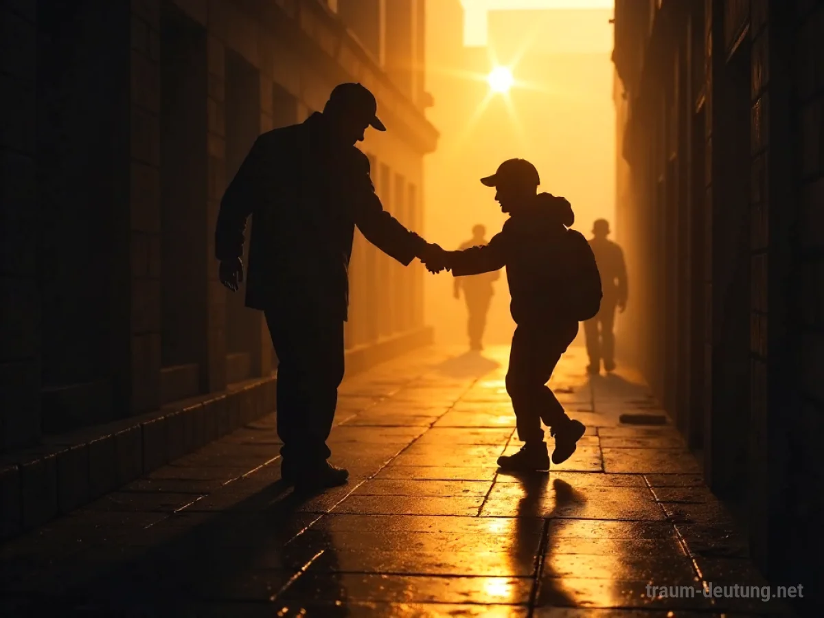 Silhouette einer helfenden Hand, die einer anderen Hand in einem abstrakten Raum entgegenkommt.