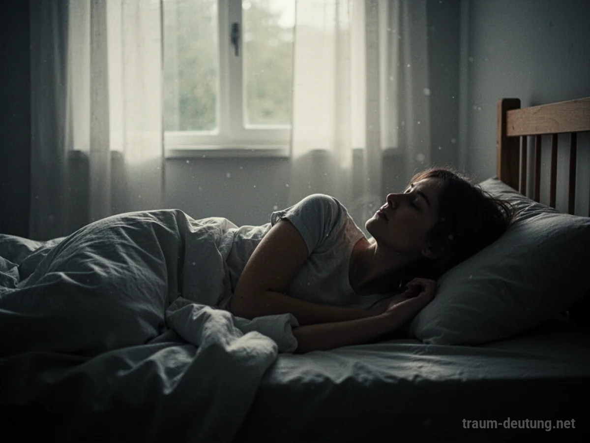 Eine Person liegt ruhig im Bett, sanftes Licht im Raum.