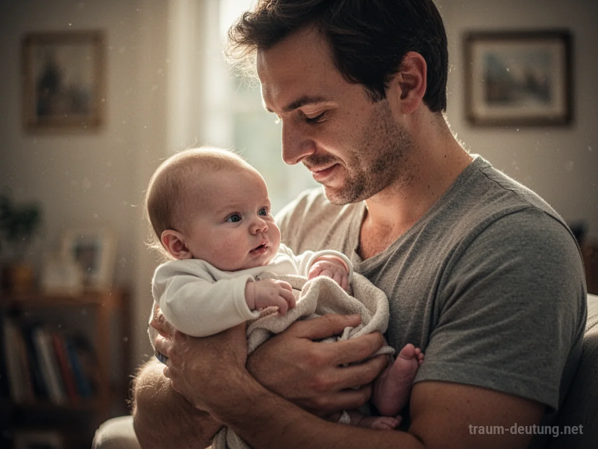Mann hält sanft ein Baby im Arm, weiches Licht fällt auf sie.