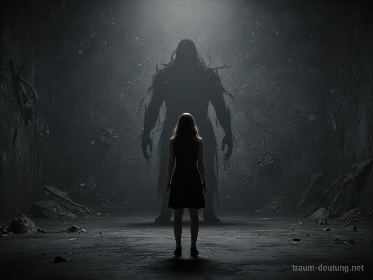Silhouette einer Frau in dunkler Umgebung, ein bedrohlicher Schatten im Hintergrund
