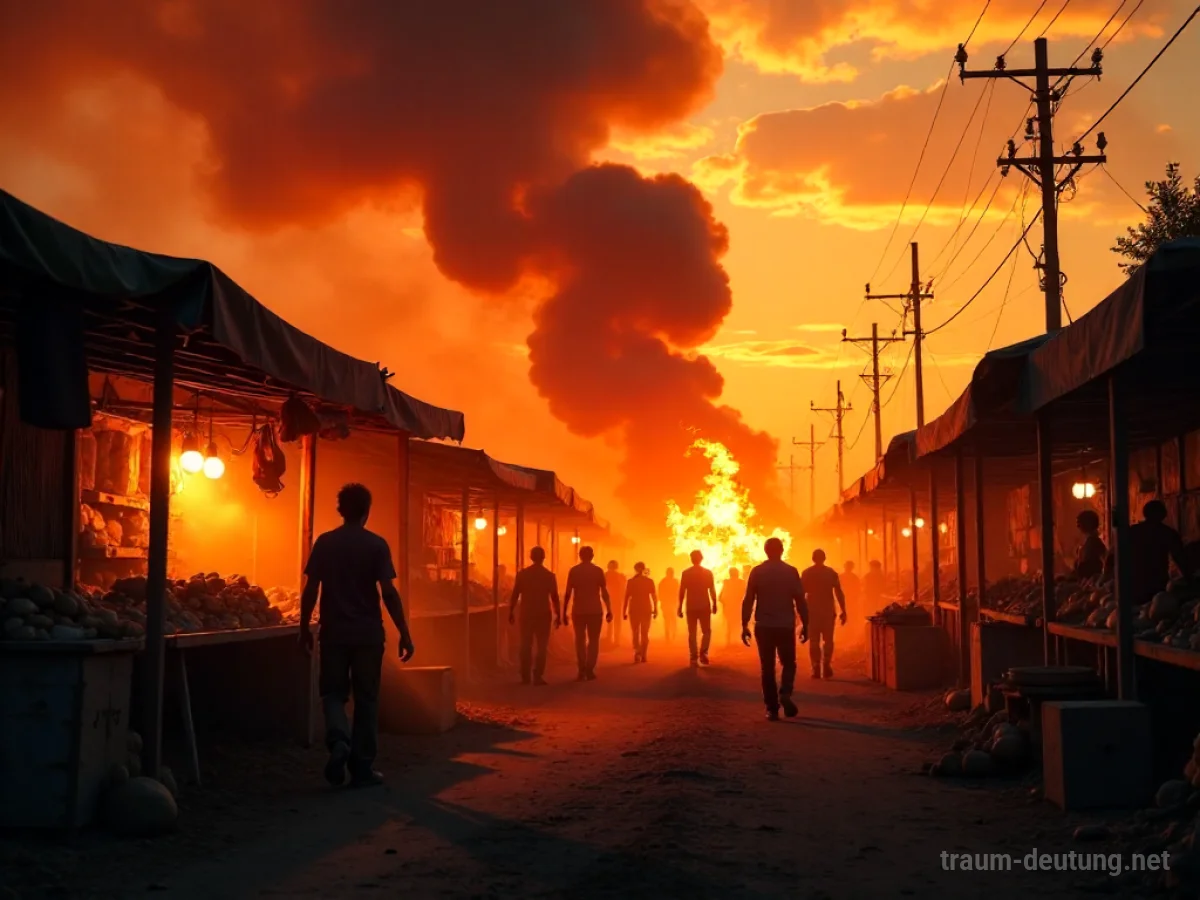 Ein brennender Markt mit rauchenden Ständen und fliehenden Menschen im Abendlicht.