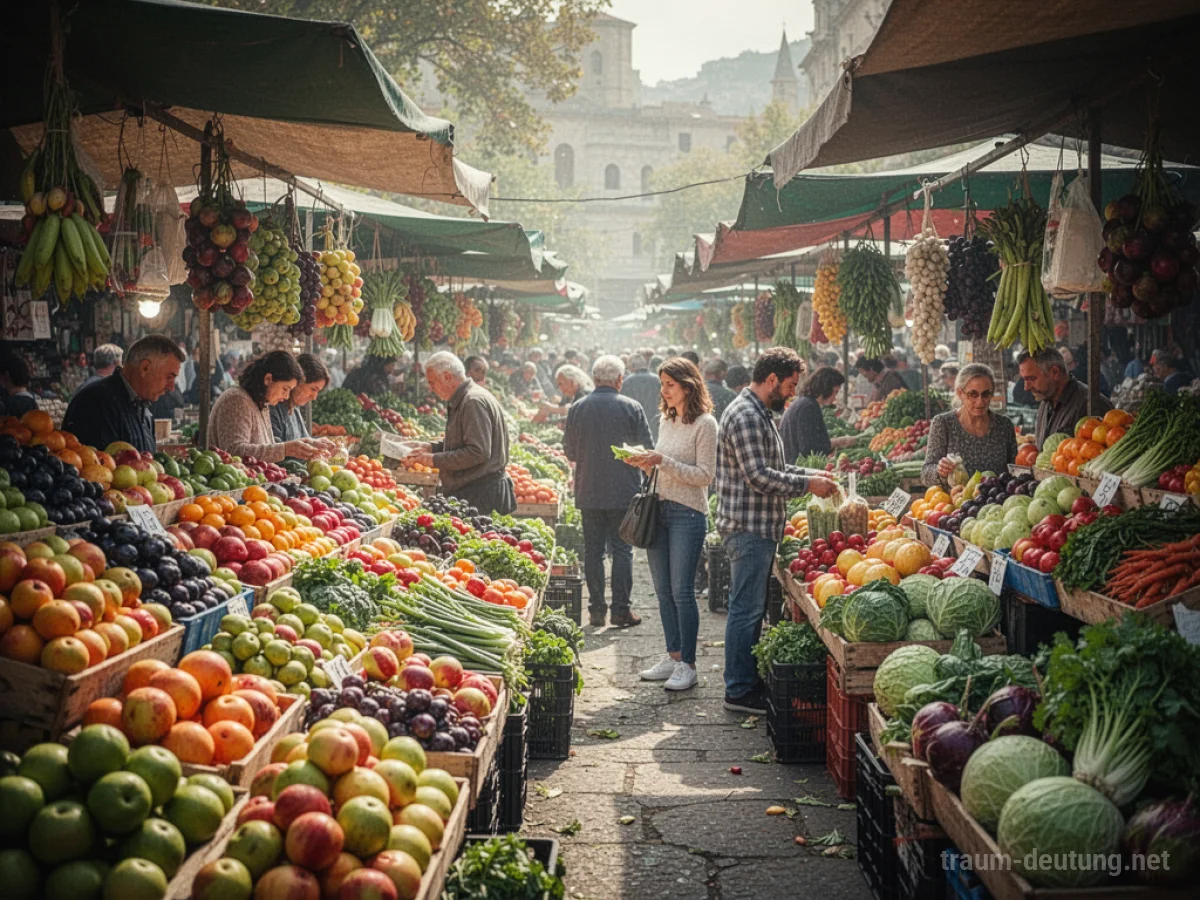 Ein bunter Markt mit frischem Obst und Gemüse, Menschen beim Einkaufen.