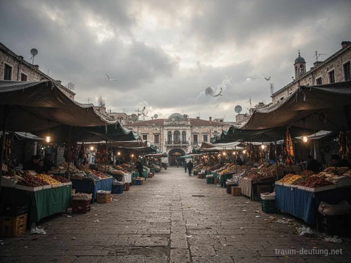 Ein verlassener Marktplatz ohne Menschen bei bedecktem Himmel.